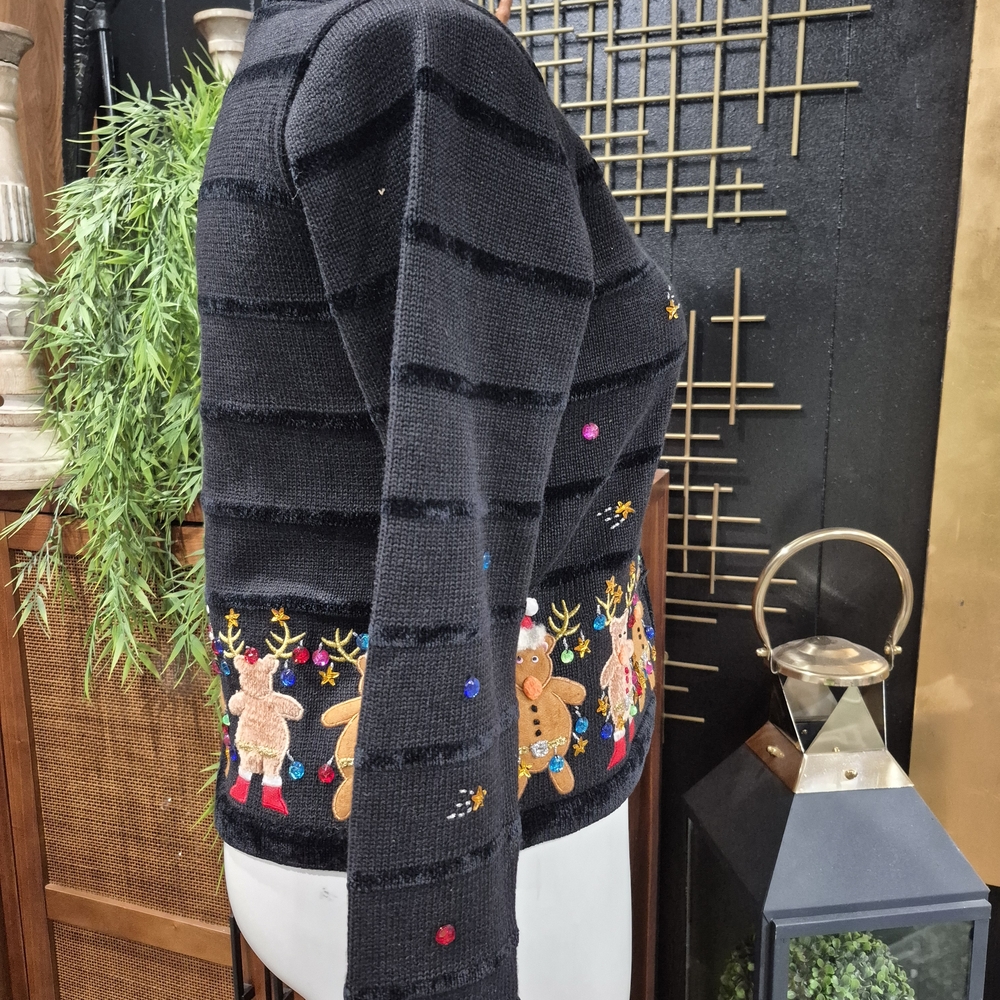 Festive Black Holiday Jacket with Embroidered Reindeer - Picture 10 of 14